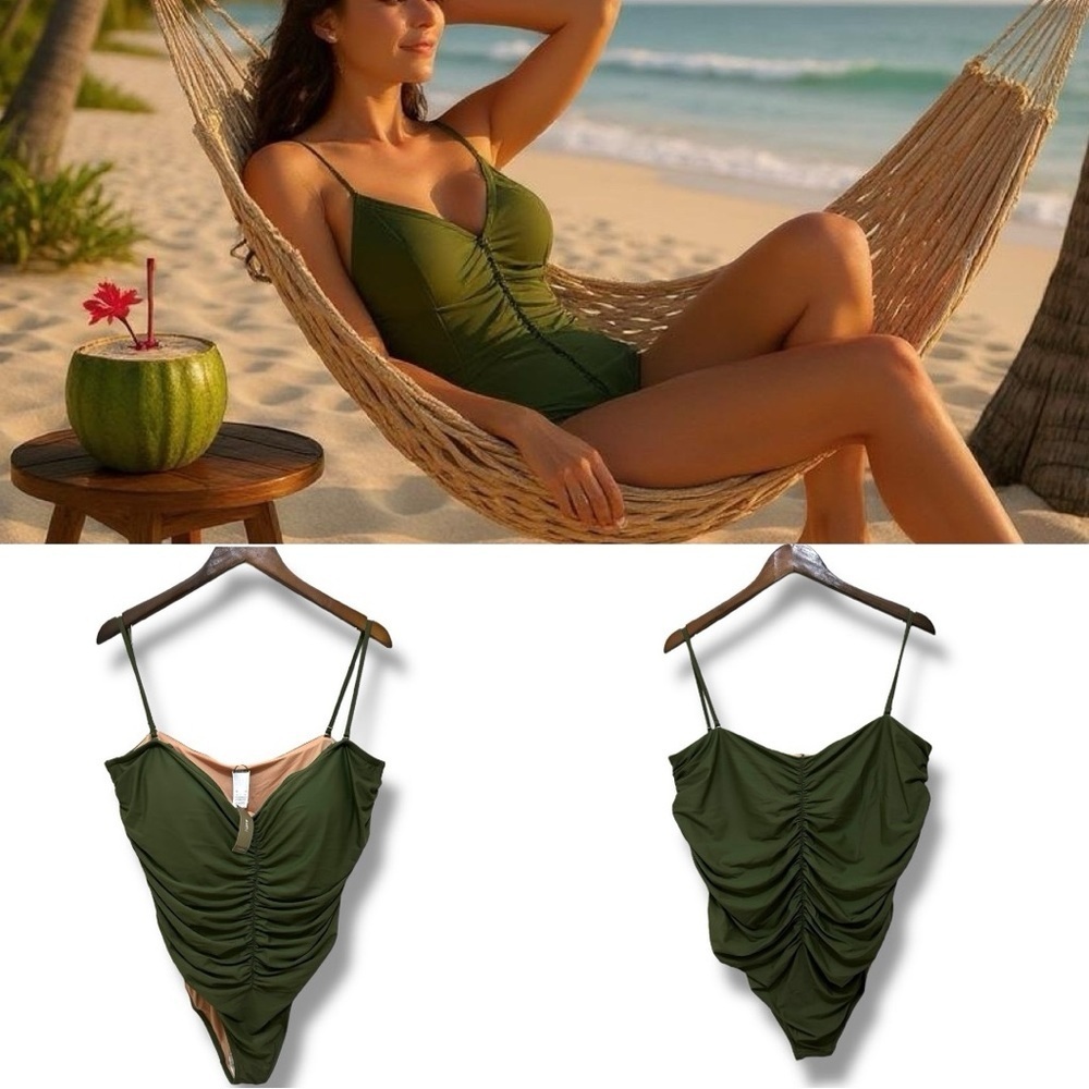140 J.Crew | NWT Ruched Olive Green One-piece Swimsuit (size 22)
